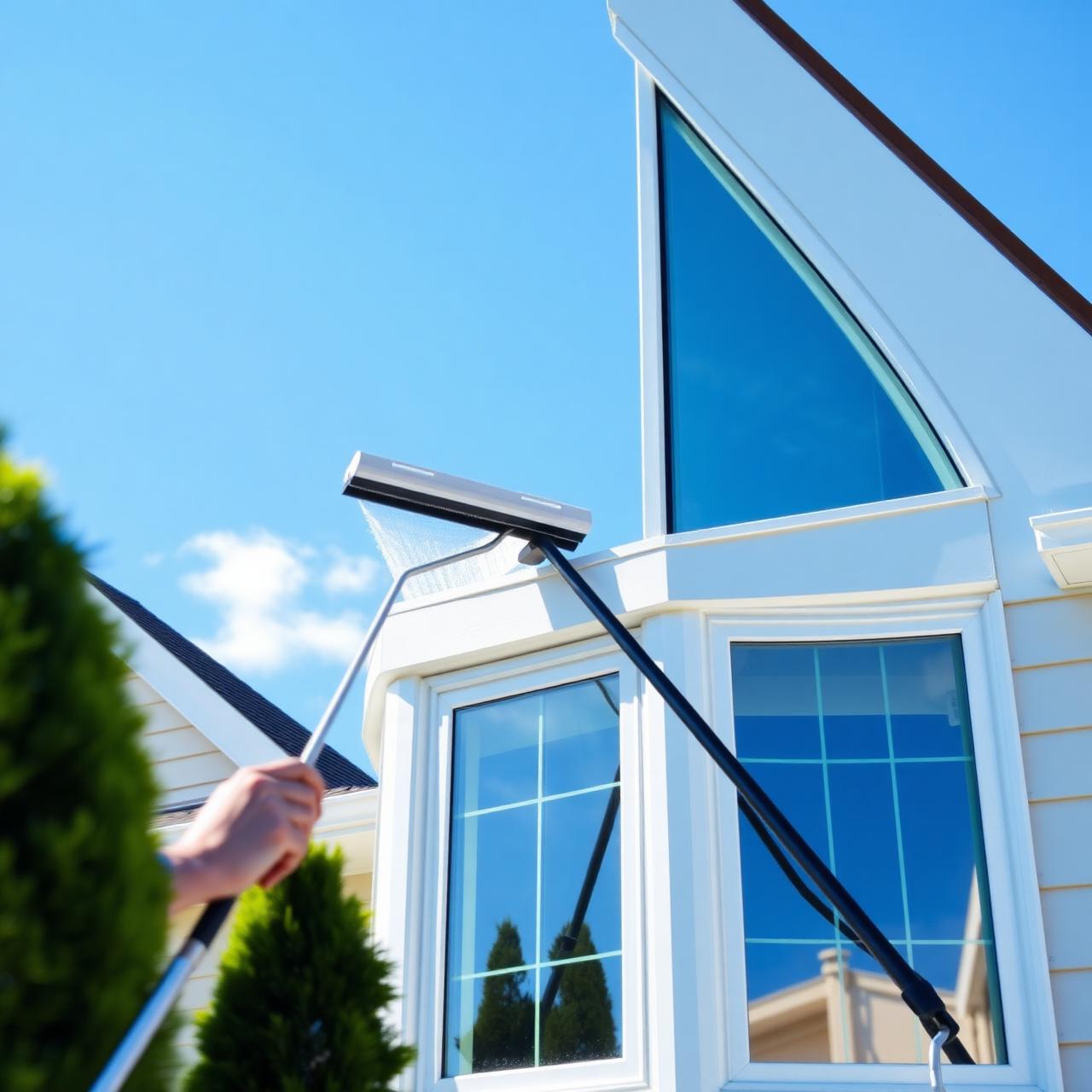 Window cleaner using a squeegee on a sunny home